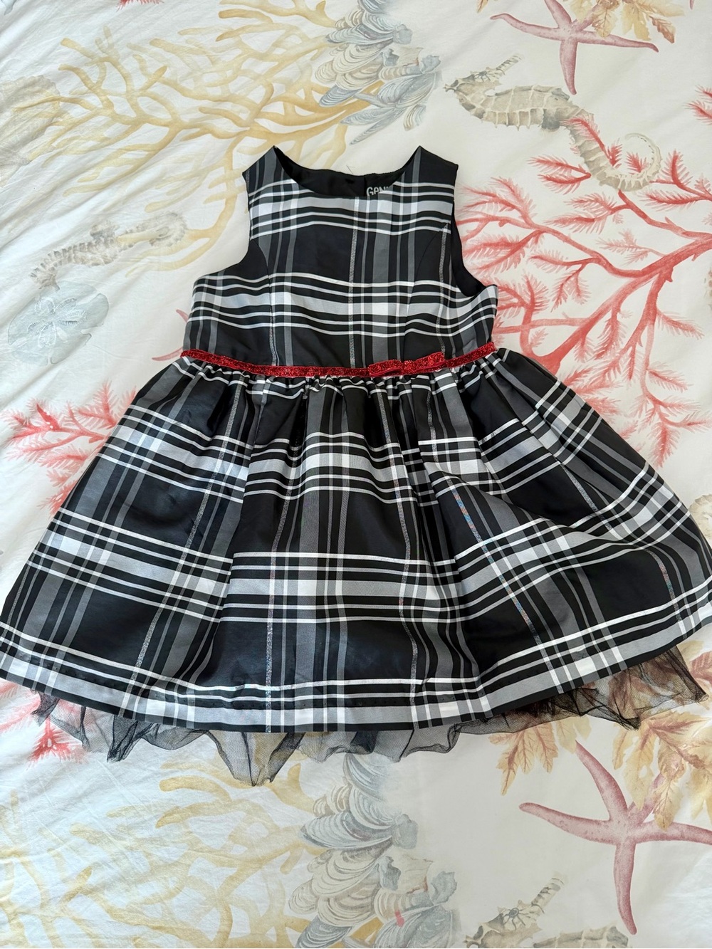 Girls' Black & White Plaid Party Dress with Red Glitter Waist Oshkosh Size 5T